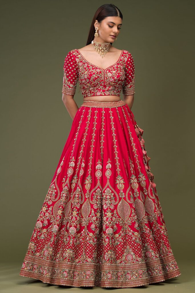 Buy Crimson Red Sequins Embroidered Silk Wedding Lehenga Online