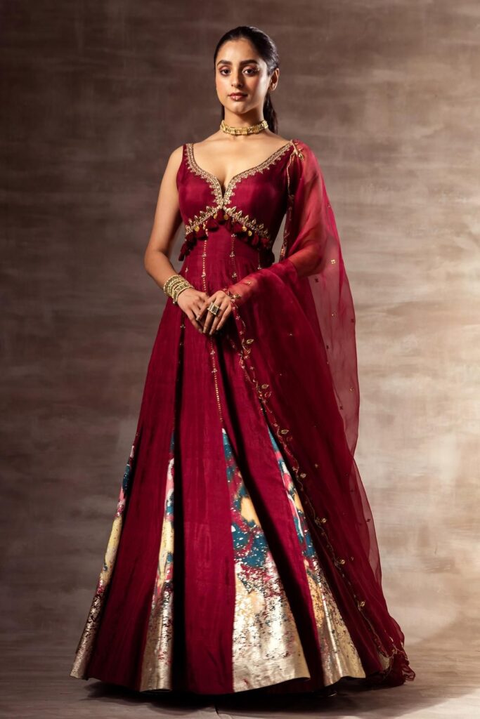 Buy Maroon Mulberry Silk Hand Embroidered Pita Work Anarkali With Dupatta For Women by Ruhr India Online at Aza Fashions.