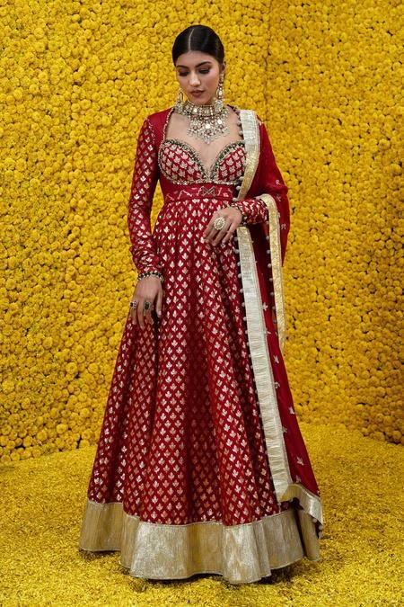 Buy Maroon Banarasi Chanderi Woven Floral Noorie Anarkali With Dupatta For Women by Mahima Mahajan Online at Aza Fashions.