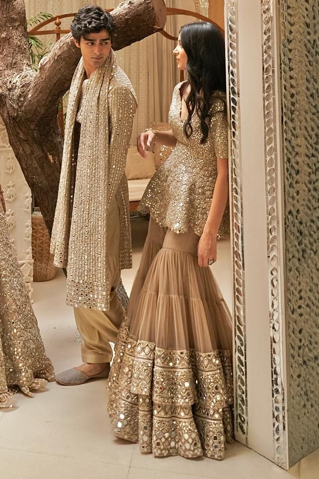 Abhinav Mishra Peplum Set | Women, Kurta Sets, Fusion Style Sets, Sharara And Gharara Sets, Beige, Mirror, Kurta and Sharara- Net, V Neck, Half