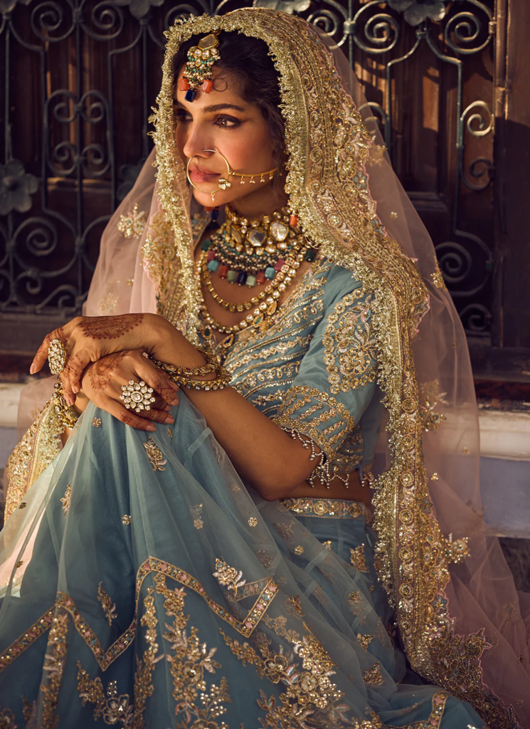 Blue and Light Pink Embroidered Lehenga