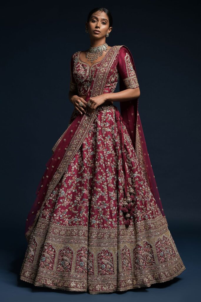 Buy Beet Pink Resham Embroidered Raw Silk Bridal Lehenga Online