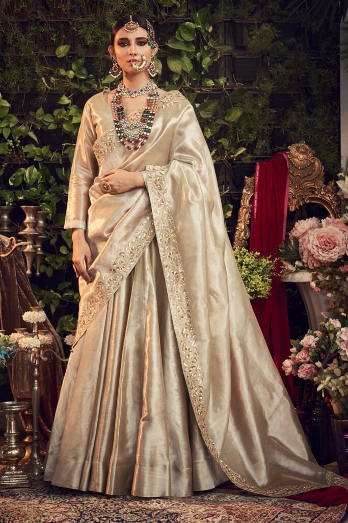 Buy Beige Silk Tissue Lehenga Set For Women by Ranian Online at Aza Fashions.