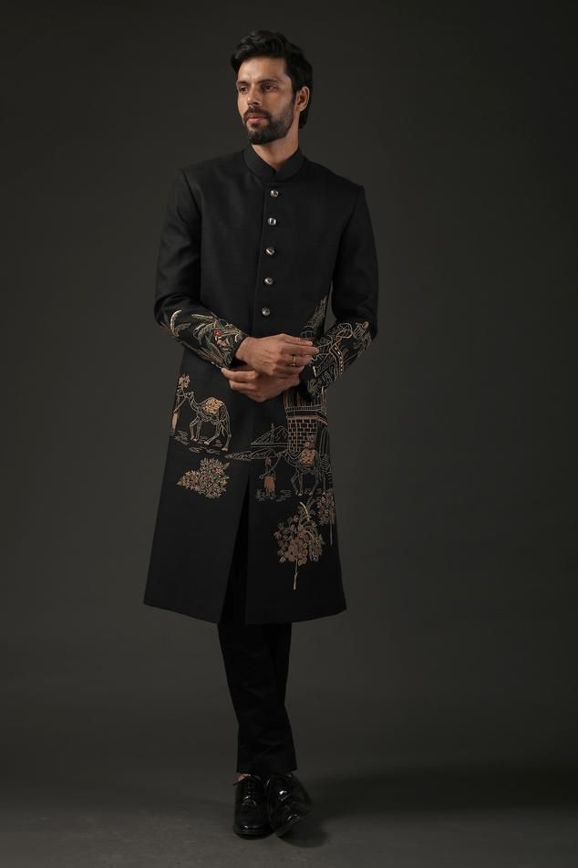 Buy Black Matka Silk Embroidered Resham Sherwani For Men by Rohit Bal Online at Aza Fashions.