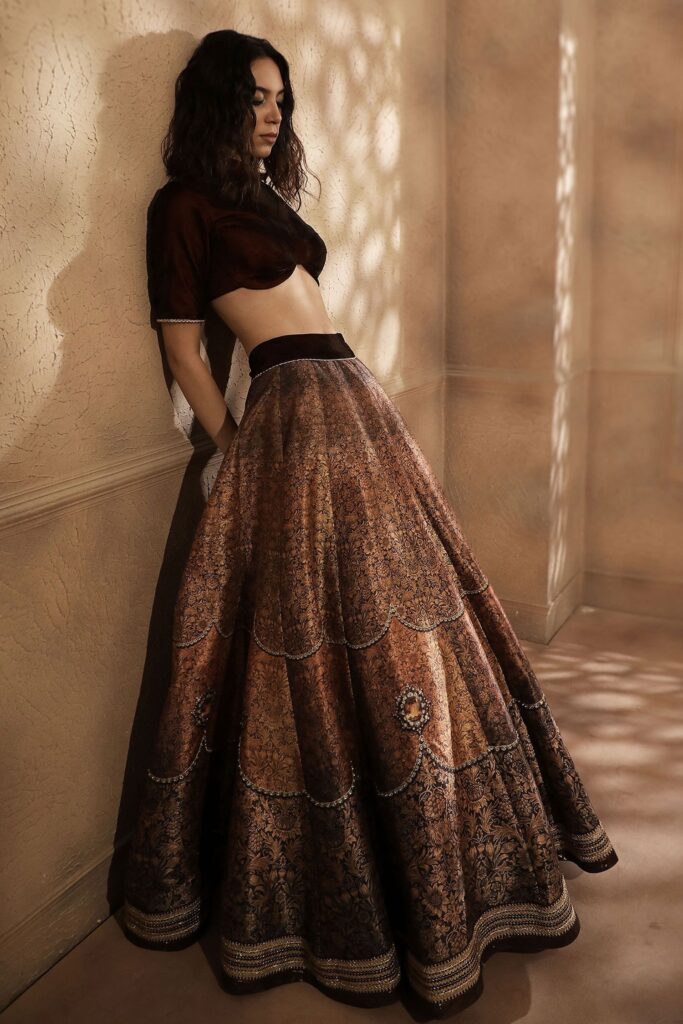 Buy Brown Dupion Printed Floral Round Lehenga Set For Women by Cedar & Pine Online at Aza Fashions.