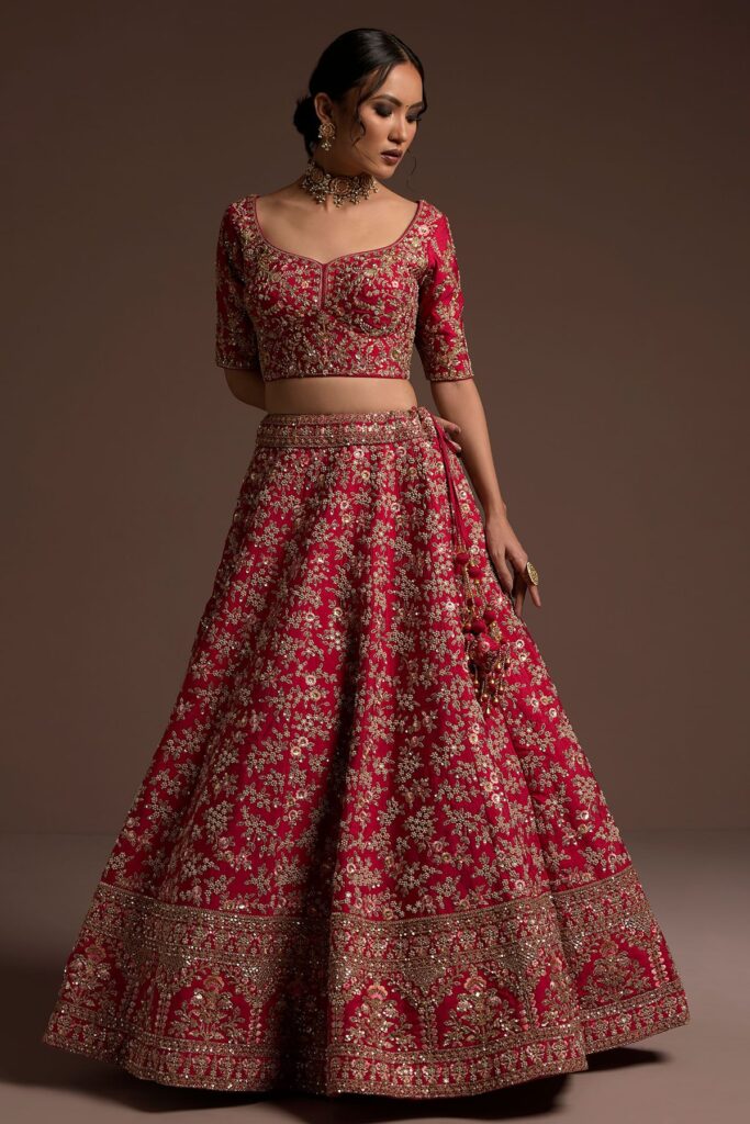 Buy Crimson Pink Sequins Embroidered Raw Silk Bridal Lehenga Online