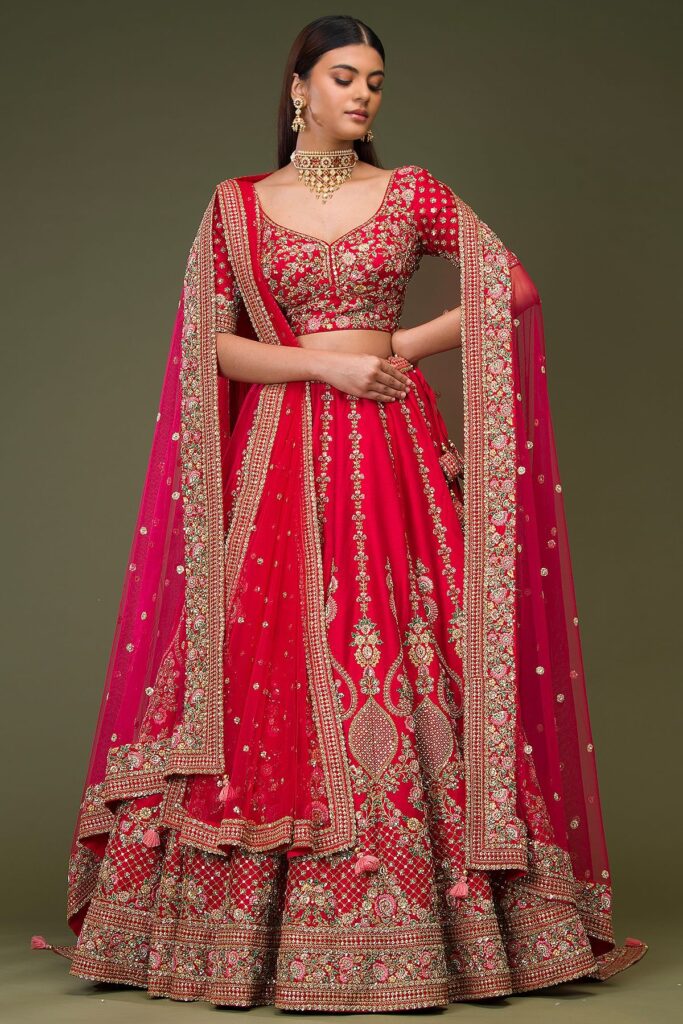 Buy Crimson Red Sequins Embroidered Silk Wedding Lehenga Online