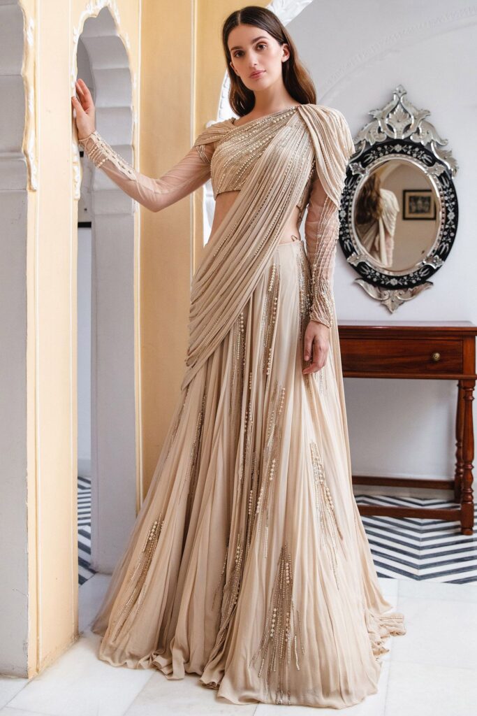 Buy Gaurav Gupta Beige Georgette Embroidered Lehenga Saree With Blouse Online | Aza Fashions