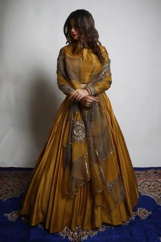 Buy Gold Lehenga And Blouse Dupion Silk Embroidered Zari Round Neck Set For Women by Mona and Vishu Online at Aza Fashions.