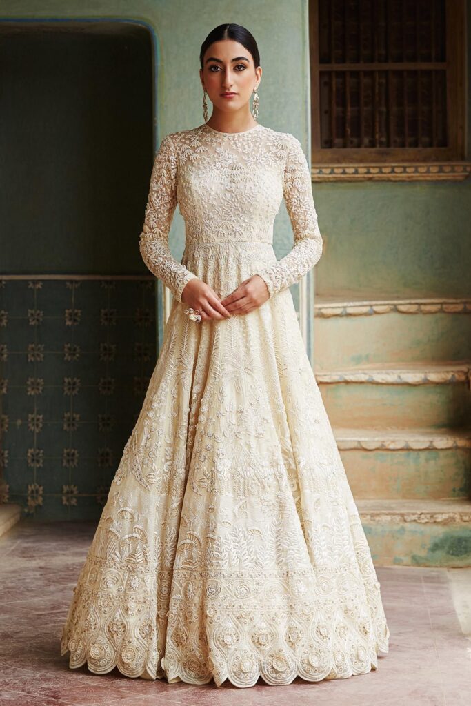 Buy Gold Silk Organza Lining Viscose Embroidery Round Gown For Women by Rahul Mishra Online at Aza Fashions.