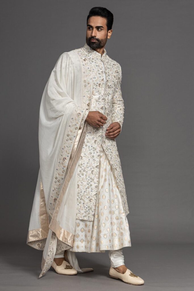 Buy Ivory Sequins Embroidered Raw Silk Wedding Sherwani Online