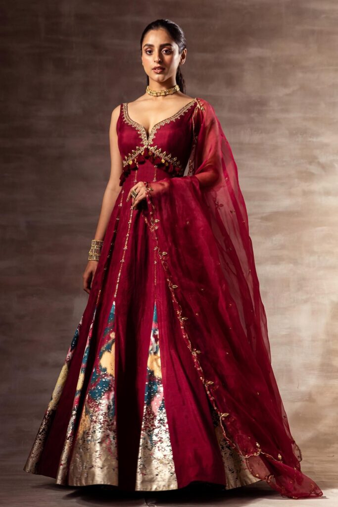 Buy Maroon Mulberry Silk Hand Embroidered Pita Work Anarkali With Dupatta For Women by Ruhr India Online at Aza Fashions.