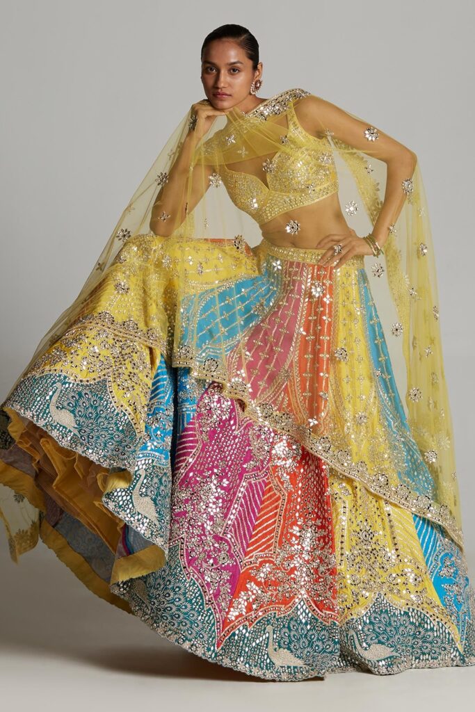 Buy Multi Color Raw Silk Embroidered Mughal Sweetheart Neck Lehenga Set For Women by Angad Singh Online at Aza Fashions.