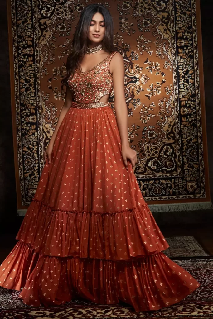 Buy Orange Crepe V Neck Embroidered Anarkali With Dupatta For Women by Salian By Anushree Online at Aza Fashions.