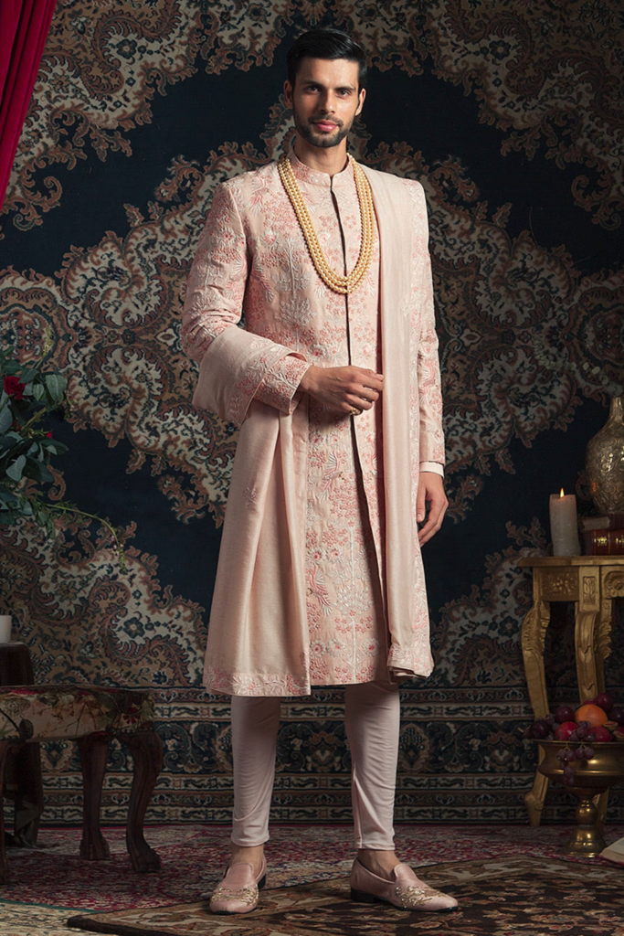 Buy Peach Raw Silk Embroidered Sherwani Set For Men by Rachit Khanna Online at Aza Fashions.