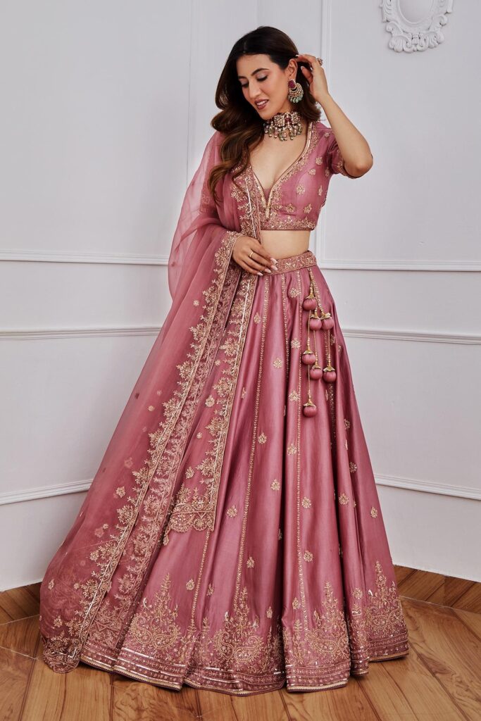 Buy Pink Chanderi And Organza Lining Satin Embroidery Sequin Lehenga Set For Women by Jigar Mali Online at Aza Fashions.