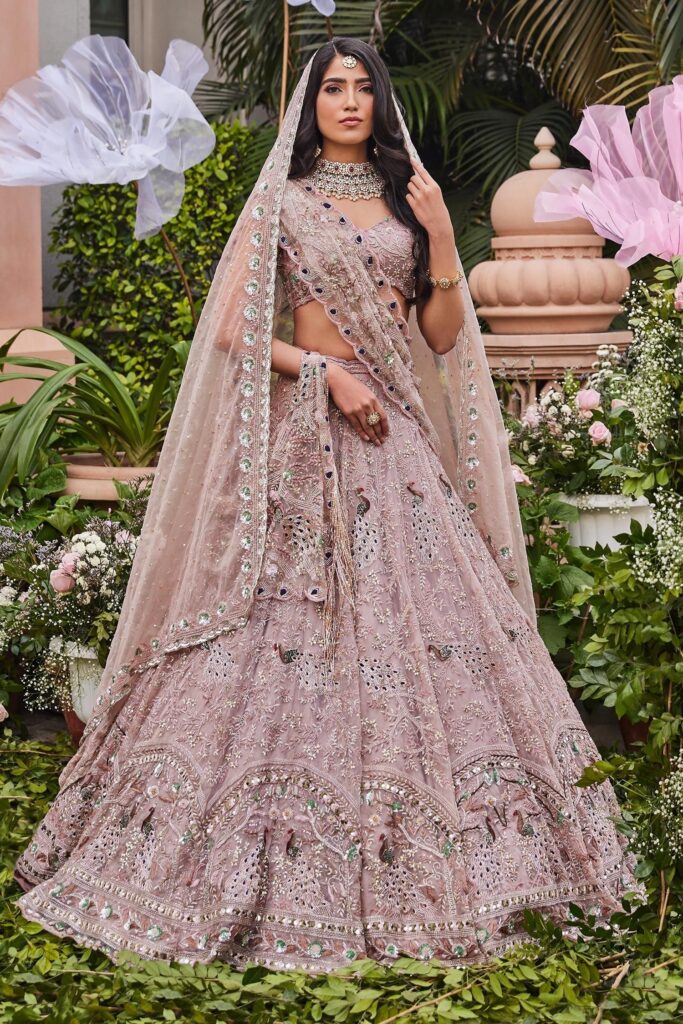 Buy Pink Organza And Tulle Embroidery Birds Of Paradise Bridal Lehenga Set For Women by SurabhiChopraLabel Online at Aza Fashions.