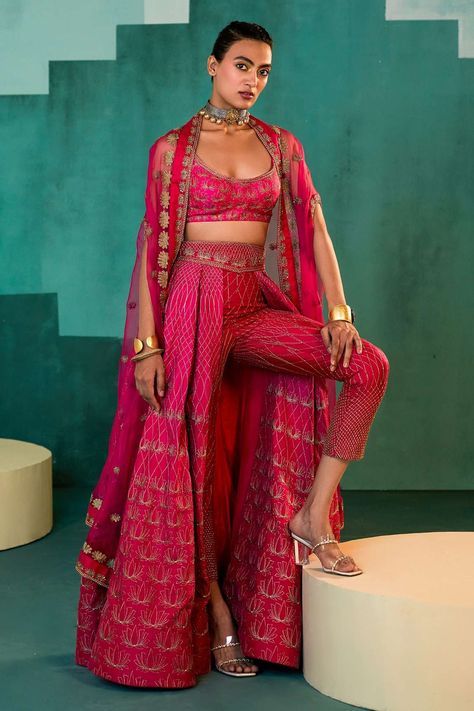 Buy Pink Silk And Organza Lining Cape & Pant Lehenga Set For Women by Agunj by Gunjan Arora Online at Aza Fashions.