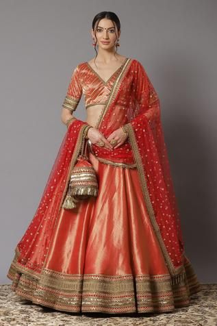 Buy Red Metallic Chanderi And Net Lining Shantoon & Cotton Lehenga Set For Women by SHIKHAR SHARMA Online at Aza Fashions.