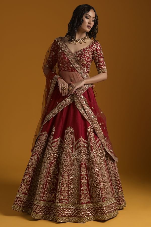 Buy Red & Pink Shaded Sequins Embroidered Silk Bridal Lehenga Online