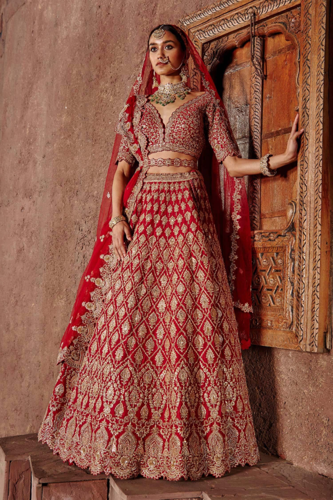 Buy Red Raw Silk Embroidered Applique V Neck Bridal Lehenga Set For Women by Nitika Gujral Online at Aza Fashions.