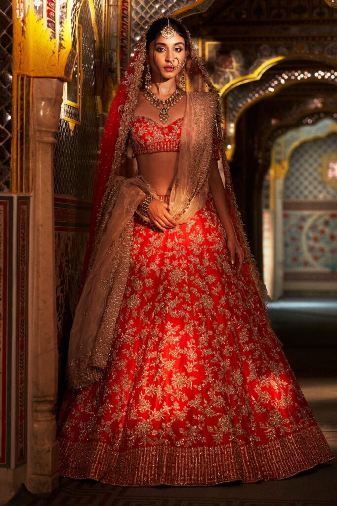 Buy Red Raw Silk Embroidered Zardozi Floral Bridal Lehenga Set For Women by Seema Gujral Online at Aza Fashions.