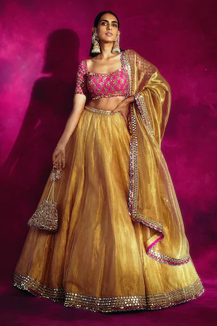 Buy Vvani by Vani Vats Gold Blouse Embroidered Lehenga Set Online | Aza Fashions