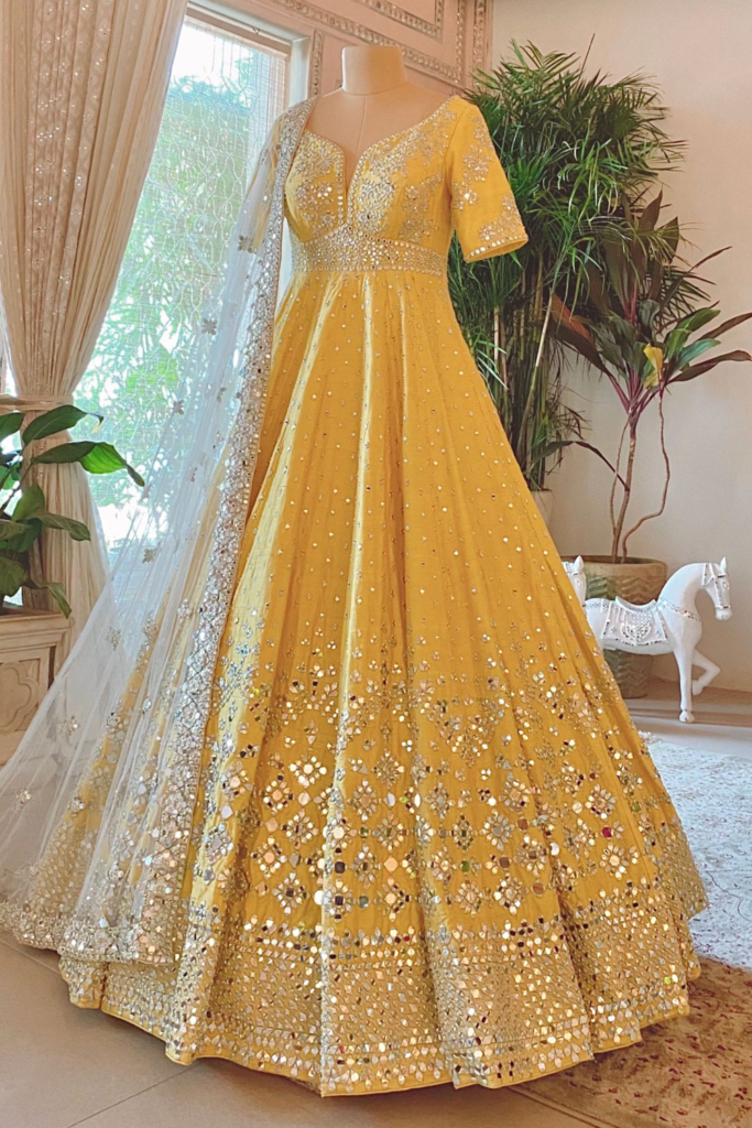Buy Yellow Leaf Neck Mirror Embellished Anarkali With Dupatta For Women by Abhinav Mishra Online at Aza Fashions.