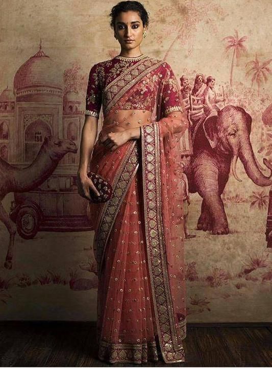 Coral Red Color Net Saree