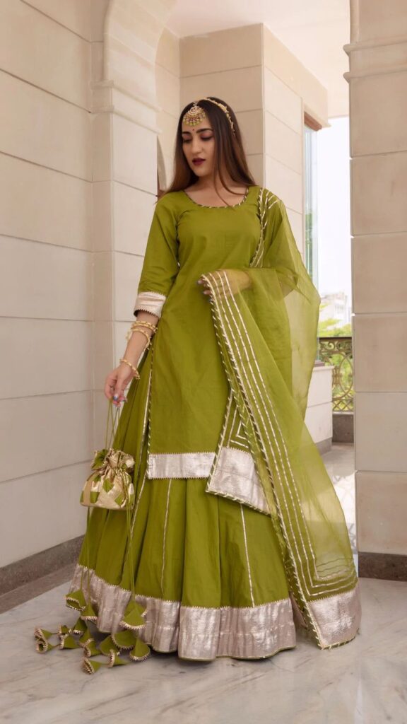 Cotton Solid Mehendi Green Kurta Skirt Set with Organza Dupatta – 44 / Ships in 2-3 Weeks / With Potli