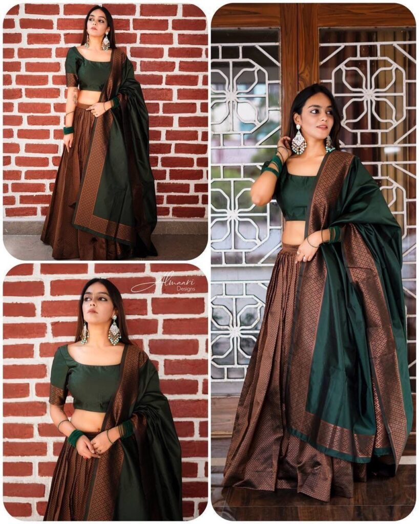 Designer Exclusive Green Silk Half Saree Lehenga Choli with Embroidery Work, Party & Wedding wear Pure Banarasi Silk Lehenga Choli