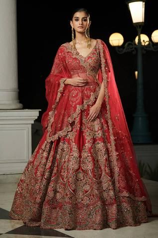 Dolly J Aubre Embroidered Lehenga Set | Red, Raw Silk, V-neck, Half