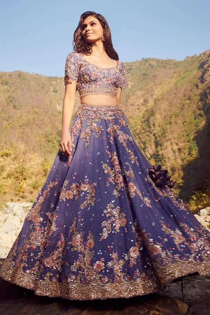 Dolly J Camilla Organza Lehenga Set | Blue, Silk Organza, Scoop Neck, Short