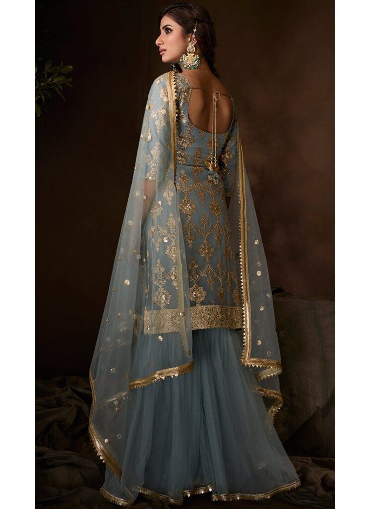 Dusty Blue and Gold Sequins Gharara Suit