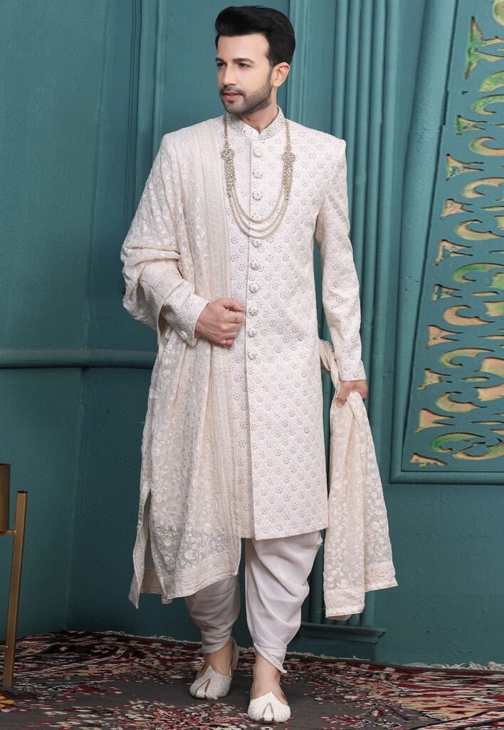 Embroidered Art Silk Sherwani in Off White