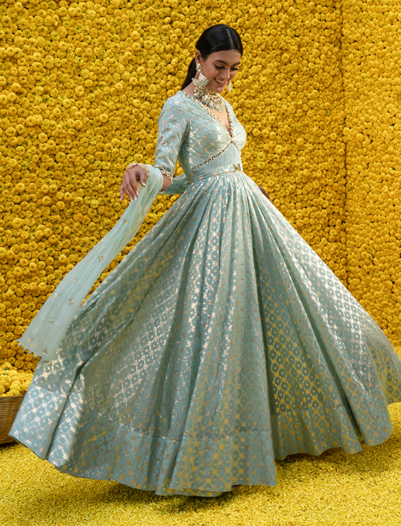 Heer Aquamarine Chanderi Anarkali Set