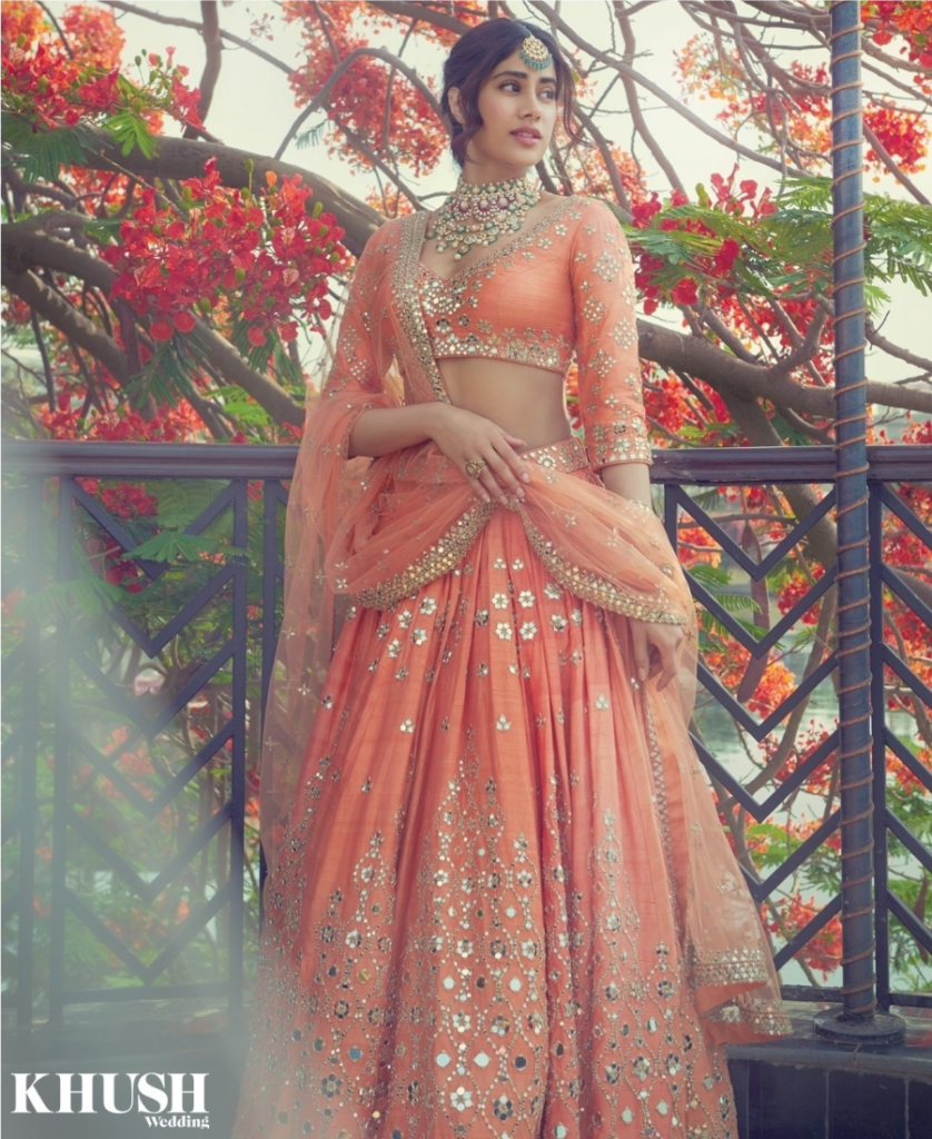 Janhvi Kapoor looks drop-dead gorgeous in coral coloured lehenga with mirror work.  | Janhvi Kapoor Looks Ethereal in Bridal Photoshoot and These Pictures Are a Proof | Latest Photos, Images & Galleries | 📸 LatestLY