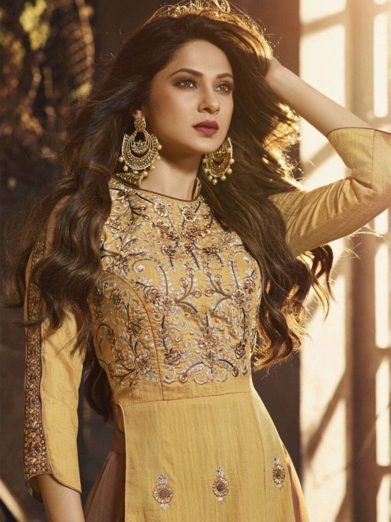 Jennifer Winget Yellow Silk Embroidered Gown Suit – XXL-44