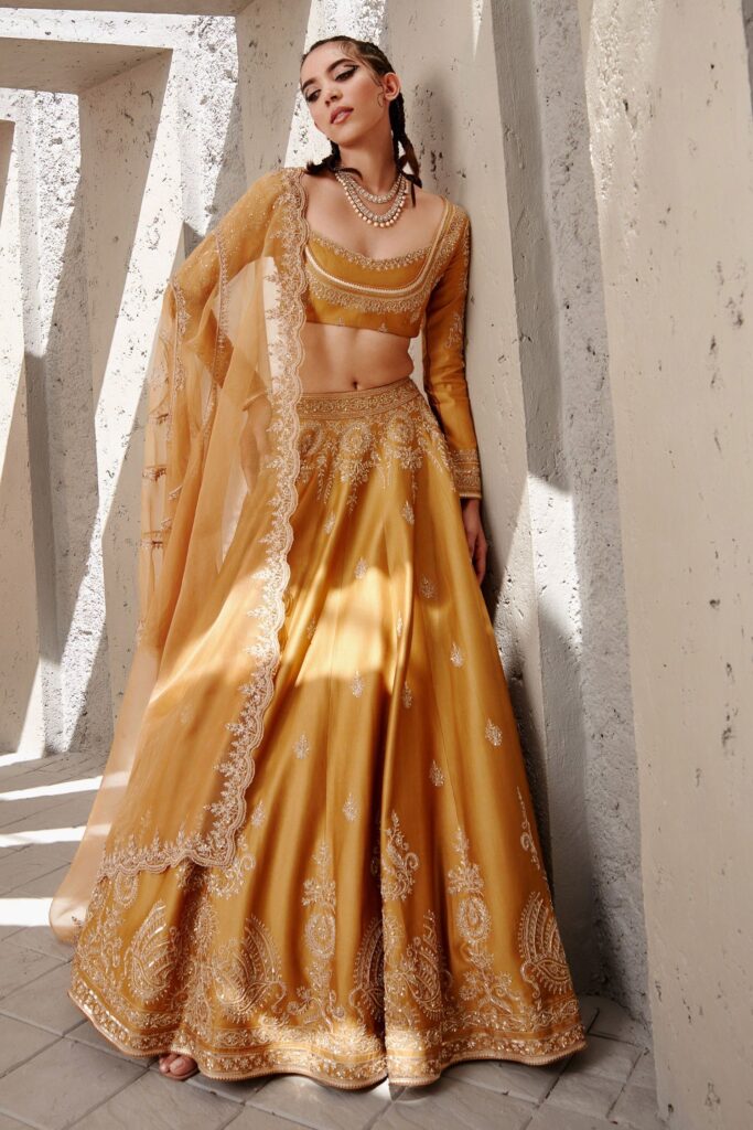 Jigar Mali Chanderi Embroidered Lehenga Set | Yellow, Dori, Chanderi, U Neck, Full Sleeves