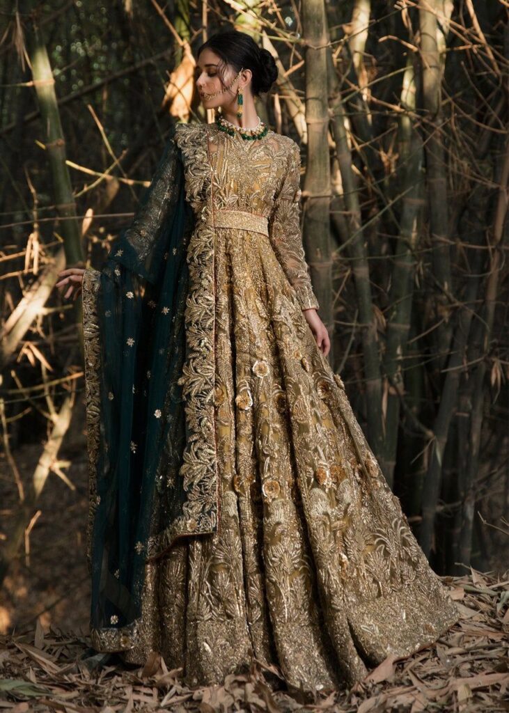 Latest embellished Indian lining dress in gold color for wedding wear # B3405 – SMALL