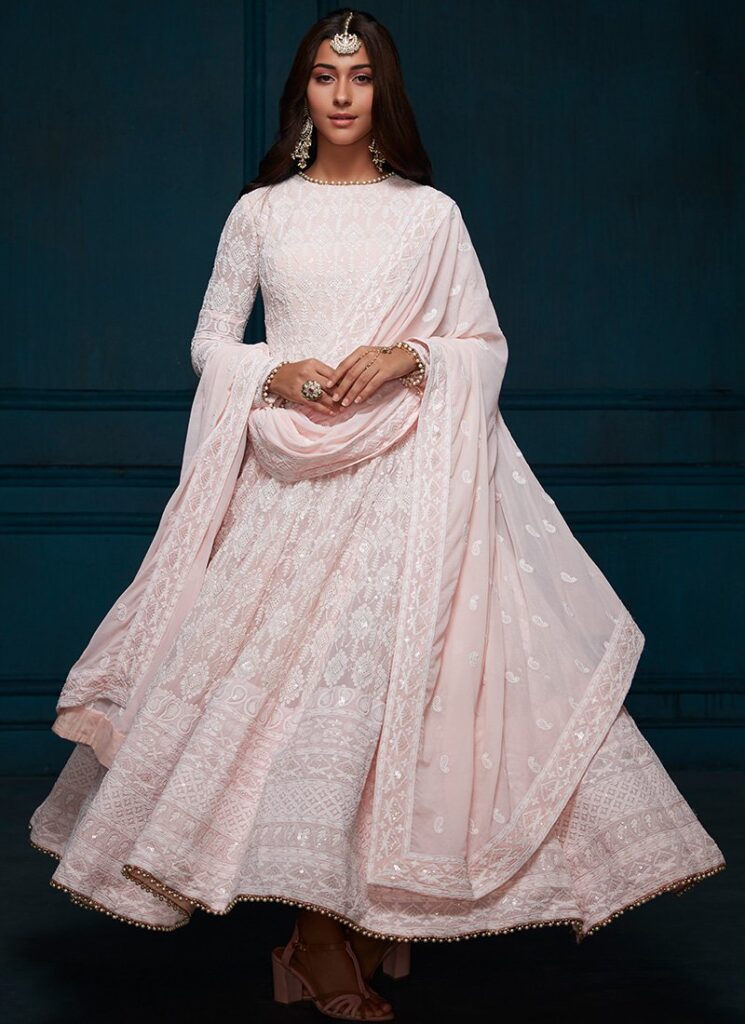 Light Pink Thread Embroidered Anarkali