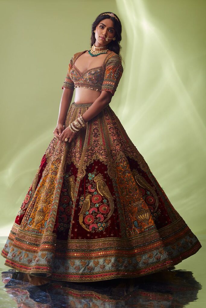 Mustard embroidered lehenga set by Asopalav