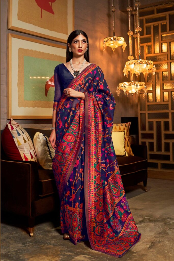 NAVY BLUE PURE Kashmiri modal handloom weaving saree with rich pallu & blouse for women wedding wear party wear bridesmaid designer saree