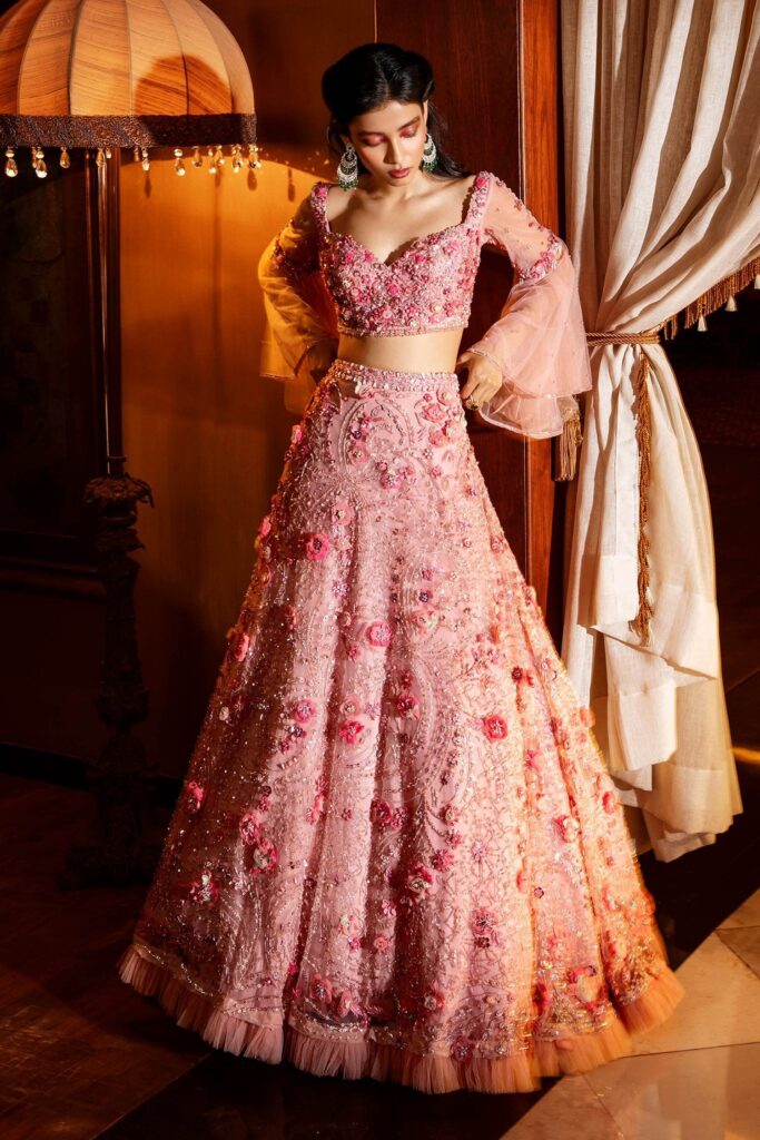 Nadine Dhody Giselle Embroidered Lehenga And Blouse Set | Pink, Bead, Tulle, Sweetheart Neck, Bell Sleeves