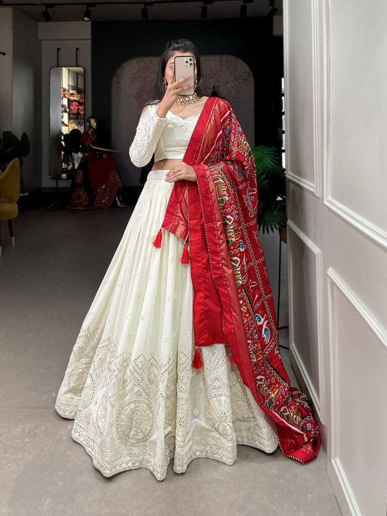 New Designer White Lehenga Choli With Lucknowi Paper Mirror Work Dupatta,partywear Lehenga ,lehenga For Wedding Party,navratri Lehenga