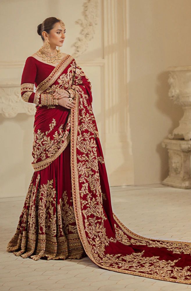 Pakistani Bridal Outfit In Red Lehenga Saree Style