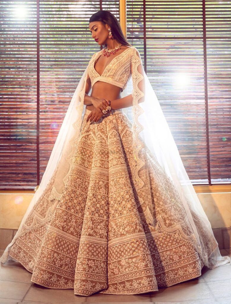 Pearl embroidered lehenga set by Rianta’s