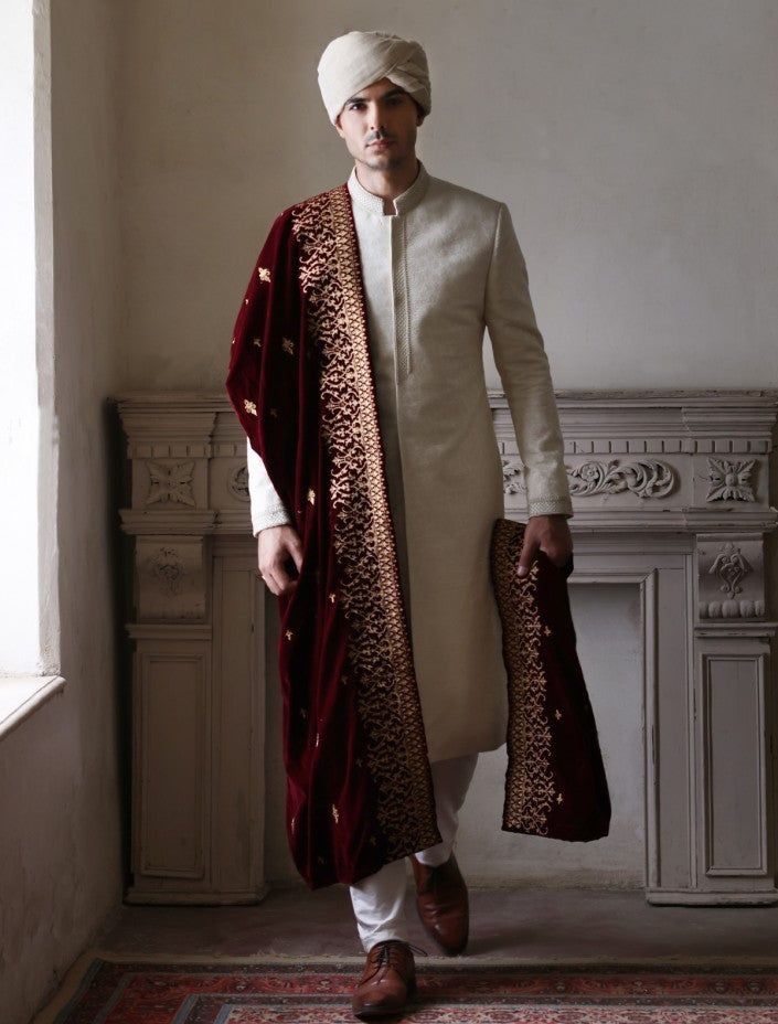 Printed White and Maroon Sherwani for Wedding #GN105 – LARGE