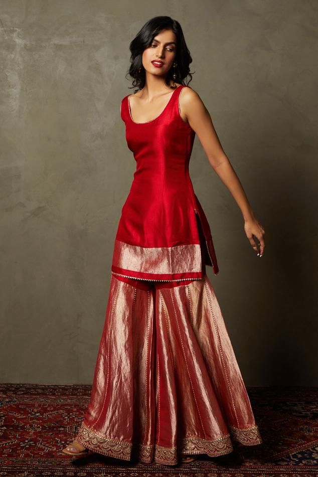 RI.Ritu Kumar Christin Silk Kurta Gharara Set | Red, Scalloped, Silk, Round, Sleeveless