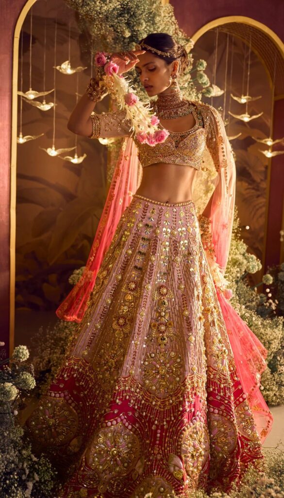 ROSETTA – PEACH AND RED LEHENGA SET – 14 / 12 / Tall